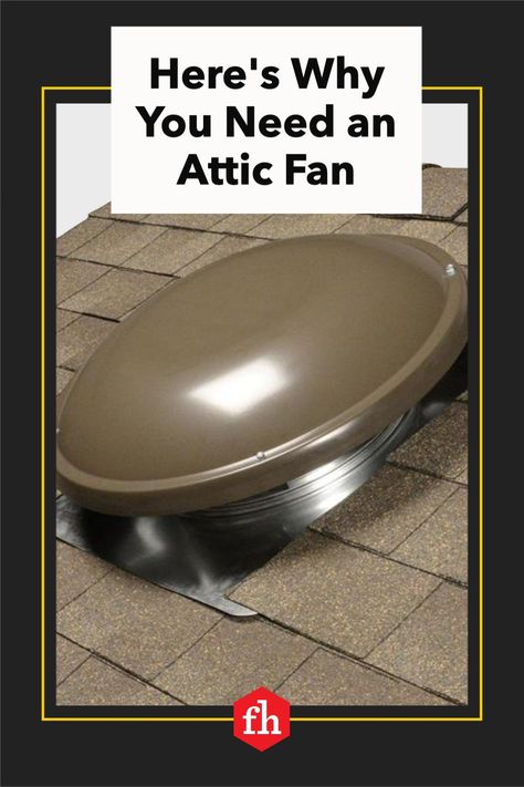 When your attic is an unconditioned space — i.e. not heated in the winter or cooled in the summer — its temperature and humidity can reach critical levels. That creates a breeding ground for mildew and shortens the life of your roof. The solution is simple: Ensure proper attic ventilation. One of the best ways to do that is to install an attic fan. Attic Exhaust Fan, House Attic, Small Attic Renovation, Whole House Fans, Solar Powered Fan, Attic Vents, Roof Ventilation, Homeowner Tips, Attic Fans