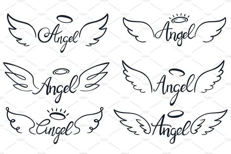 Angel wings lettering. Heaven wing by Tartila on @creativemarket Small Wing Tattoos, Wing Graphic, Halo Tattoo, Wings Sketch, Remembrance Tattoos, Wing Tattoo Designs, Wings Drawing, Angel Wings Tattoo, Angel Tattoo Designs