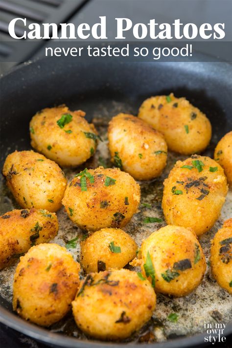 Canned potatoes never tasted so good when you make them using this simple recipe. I make them in a frying pan, but you can also use an air fryer or oven to cook them. Get ready for the most delicious potato recipe to add to your recipe box. #cannedpotatoes #wholecannedpotatoes #slicedpotaotes #friedcannedpotatoes #pantrystaplerecipes #airfryerpotatoes #sidedishes Potatoes In A Can Recipes, Can Potatoes In Air Fryer, What To Make With Canned Potatoes, Uses For Canned Potatoes, Canned Potatoes Recipes Air Fryer, What To Do With Canned Potatoes, How To Use Canned Potatoes, Canned Sliced Potatoes Recipes Easy, Canned Potatoes In Air Fryer