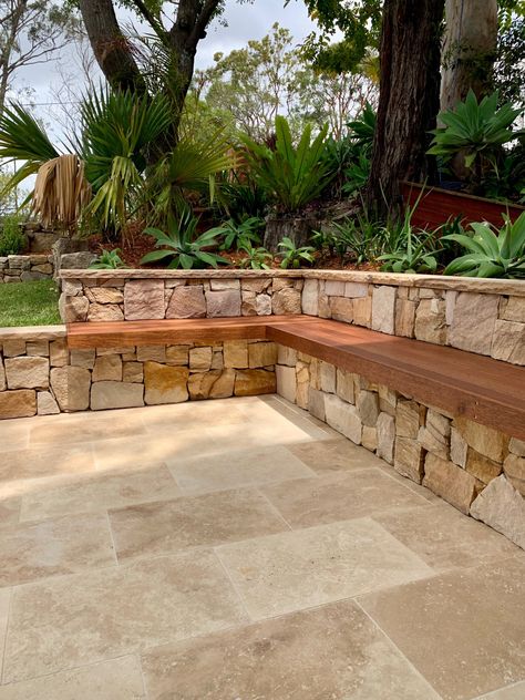 Pavers Small Backyard, Sandstone Tiles Outdoor, Backyard Travertine Pavers, Stone Walled Garden, Sandstone Retaining Wall Pool, Sandstone Garden Wall, Tiled Retaining Wall, Sandstone Wall Garden, Outdoor Stone Tiles