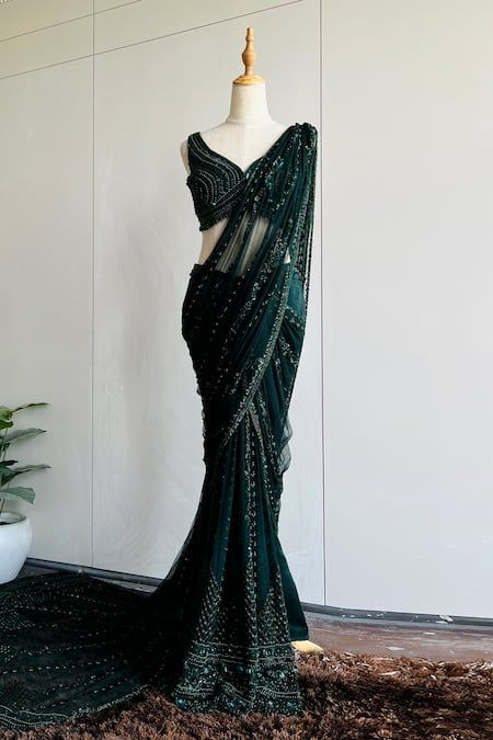 Buy Emerald Green Net Embroidery Floral Leaf Neck Saree With Blouse For Women by Riantas Online at Aza Fashions. Wedding Net Sarees, Green Mehendi Outfits For Bridesmaid, Prom Saree, Emerald Saree, Grad Saree, Blacktie Dress, Emerald Green Saree, Green Net Saree, Green Designer Saree