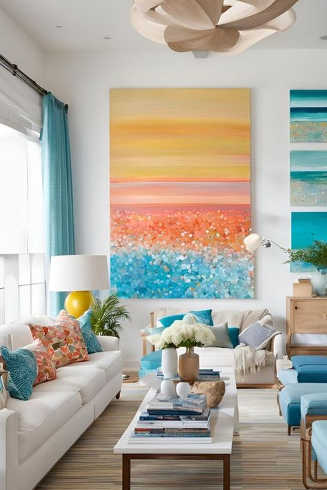 Inspiring Coastal Interiors with Thematic Wall Art: Explore how thematic wall art inspired by ocean waves brings a sense of inspiration to coastal decor. This design trend focuses on using wave-inspired art to create dynamic and refreshing living spaces.
#WavesOfInspiration #CoastalDecor #WallArt #ThematicDesign Blue And Orange Living Room, Waves Of Inspiration, Inspiration Wall Art, Coastal Interior Design, Ocean Waves Art, Coastal Interior, Beach House Interior Design, Coastal Interiors Design, Living Room Orange