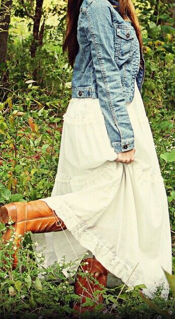 White lace maxi dress |  Denim jacket  |  Cowboy boots White Maxi Dress With Boots, Long White Dress With Cowboy Boots, Plus Size Outfits With Cowboy Boots, Maxi Dress Denim Jacket, Country Maxi Dress, White Maxi Skirt Outfit, Dress Denim Jacket, White Lace Maxi Dress, White Lace Maxi