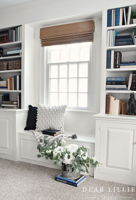 Window Seat With Bookshelves, Two Bookshelves, Builtin Bookshelves, Bedroom Window Seat, Built In Window Seat, Upstairs Landing, Window Seat Design, Dear Lillie, Living Room Built Ins