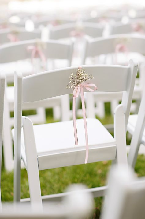 Ribbon Chairs Wedding, Decorate Folding Chairs For Wedding, Wedding Chair Decorations Ribbon, Wedding Chairs With Ribbon, Aisle Chair Ribbon, Ribbon On Ceremony Chairs, Outdoor Wedding Chairs, Brides Chair, White Plastic Chairs