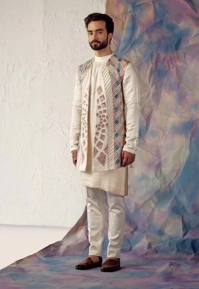 Mens Kurta - Shop Designer Kurta Sets Jatin Malik Couture, Jatin Malik, Dash And Dot, Nehru Jackets, Open Sleeve, Geometric Motifs, Tapered Trousers, Embroidered Jacket, Kurta Set