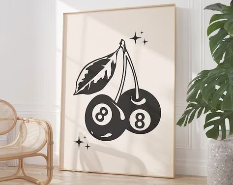 LycheePrintShop - Etsy Retro Dorm Decor, Lucky 8 Ball, Cherry Poster, Black Wall Art, Kitchen Decor Modern, Print Illustration, 8 Ball, Art Et Illustration, Illustration Vintage