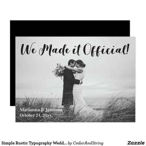 WE MADE IT OFFICIAL Simple Rustic Elopement Eloped Typography Picture Photo Wedding Announcement Card Wedding Announcements Photos, Wedding Gifts For Newlyweds, Handwritten Wedding, Wedding Announcement Cards, Handwritten Typography, Elopement Announcement, Typography Wedding, Affordable Wedding Invitations, Dark Wedding