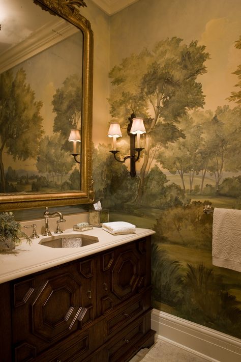 Scenic Mural Wallpaper in Powder Room for SLC Interiors. Inspired by the English countryside, these hand-painted murals are printed on archival-quality canvas, customized and printed for our clients, so each mural is unique and looks hand-painted just for them. Slc Interiors, التصميم الخارجي للمنزل, Bathroom Wallpaper, Traditional Bathroom, Dream House Decor, Beautiful Bathrooms, Home Interiors, Dream Home Design, Bathroom Inspiration