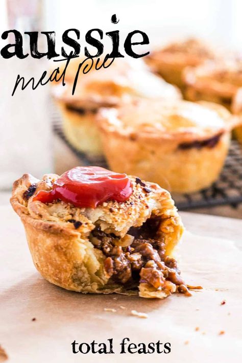 An Australian classic: the Aussie Meat Pie. Rich and flakey crust, deep savoury filling - topped off with tomato sauce. We've added a bacon topper for extra oomph. Aussie Meat Pie, Australian Meat Pie, Flakey Pie Crust, Meat Pie Recipe, Tortellini Bake, Meat Pies, Savory Pies, Easy Pie Recipes, Vegan Alternatives