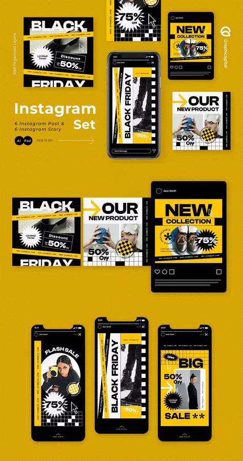 Yellow Modern Black Friday Instagram Post and Story Template AI, PSD Yellow And Black Instagram Feed, Modern Instagram Feed, Dior Store, Instagram Grid Design, Black Friday Banner, 카드 디자인, Brand Kit, Instagram Theme, Instagram Ads