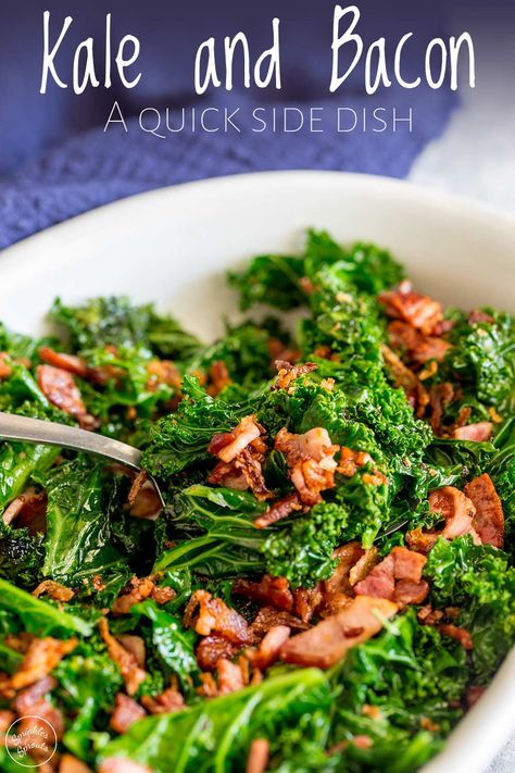 Recipe For Kale Greens, Kale Recipes Sauteed, Cooked Kale Recipes, Kale Side Dish, Easy Kale Recipes, Bacon Side Dishes, Cook Kale, Salad Recipes With Bacon, Thanksgiving Side Dishes Healthy