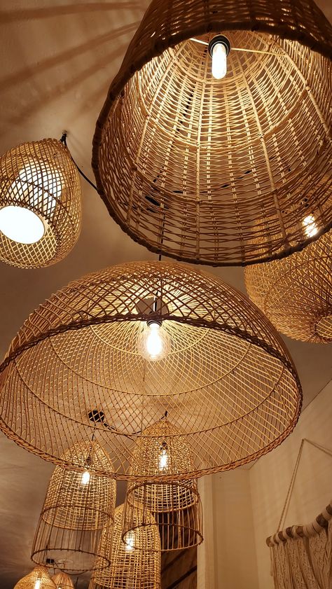 Wicker Light Pendant, Bamboo Lighting Ideas, Wicker Lights, Light From Below, Wicker Light Fixture, Basket Lights, Rattan Lights, Rattan Lighting, Wicker Light