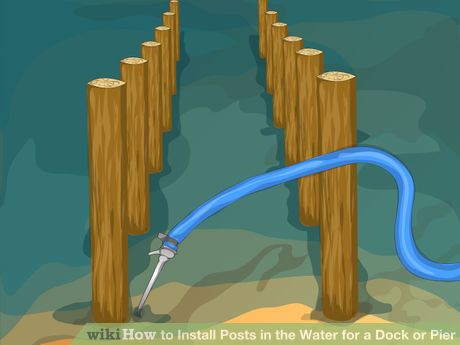 Image titled Install Posts in the Water for a Dock or Pier Step 6 Floating Dock Plans, Diy Dock, Building A Dock, Farm Pond, Laying Decking, Fishing Dock, Lake Dock, Lakefront Living, Deck Installation