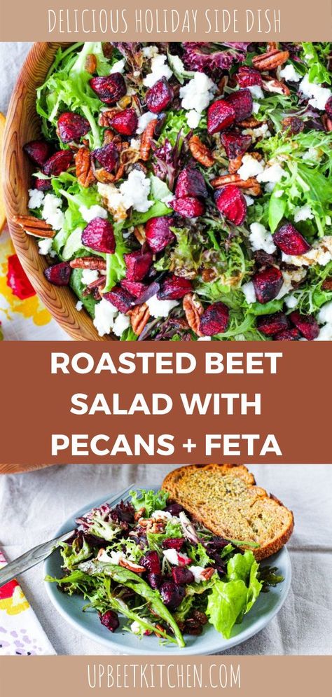 Here is a lovely salad with roasted beets, pecans, feta, cranberries, and balsamic vinaigrette on mixed greens or kale- your choice! A fabulous side dish for fall and winter. Salad With Pecans, Beet Salad With Feta, Beet Salad Recipe, Beet Salad Recipes, Roasted Beet Salad, Green Salad Recipes, Salad Mixed Greens, Beet Recipes, Autumn Salad