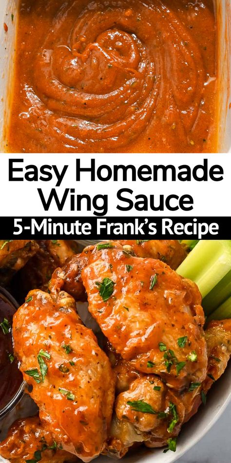 Make this easy and quick Frank's Red Hot Buffalo Wing Sauce recipe for your next game day party or add a spicy kick to dinner! This is our favorite sauce recipe for making delicious buffalo-flavored recipes. It comes together in only a few minutes with a few simple pantry ingredients! Best Homemade Wing Sauce, Franks Wing Sauce Recipe, Hot Wings Recipe Fried No Flour, Hot Bbq Wing Sauce, Franks Red Hot Wing Sauce Recipes, Wing Sauces Recipes, Mild Wing Sauce Recipes, Wings Sauce Recipe Easy, Chicken Wing Sauces Homemade