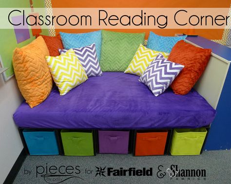 Pieces by Polly: DIY Classroom Reading Corner with Cuddle® Fabric and Fairfield World Preschool Reading Area, Preschool Reading Corner, Library Seating Area, Classroom Reading Corner, Reading Nook Classroom, Reading Corner Classroom, Library Seating, Reading Areas, Flexible Seating Classroom