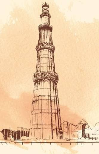 Indian Monuments Sketches, Indian Monuments Drawings, Qutub Minar Sketch, Indian Architecture Sketches, Indian Heritage Drawing, Qutub Minar Drawing, Delhi Drawing, History Sketches, 2d Cafe