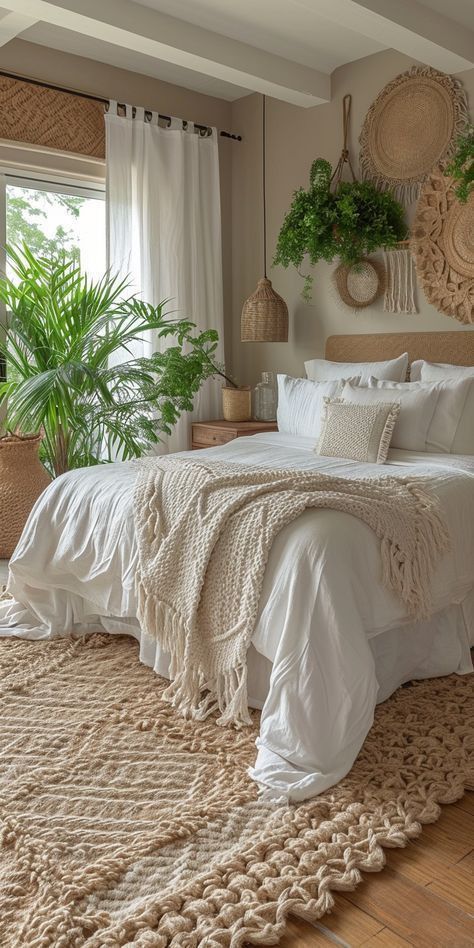 Cheap Boho Bedroom Ideas, Best Bedroom Decor Ideas, Boho Neutral Bedroom Decor, Boho White Bedroom, Cozy Neutral Bedroom Boho, Clean Boho Aesthetic, Boho Master Bedrooms Decor, Small Boho Bedroom Ideas, Tropical Boho Bedroom