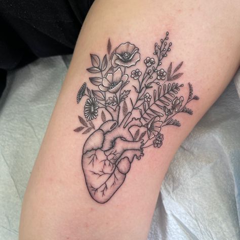 Anatomical Heart Vase Tattoo, Heart Plant Tattoo, Wildflower Heart Tattoo, Real Heart Tattoo Designs, Anatomical Heart With Flowers Tattoo, Heart Organ Tattoo, Anatomical Heart Tattoo With Flowers, Real Heart Tattoos, Black Cherry Tattoo