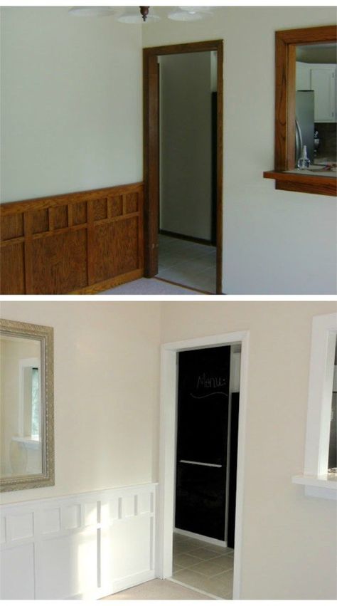 Before and after, ideas to update dark wood trim and wall panelling with white paint Painting Wood Trim, Dark Wood Trim, Best Neutral Paint Colors, Internal Door, Interior Painting, Trendy Living Rooms, Room Paint Colors, Retro Interior, Dark Interiors