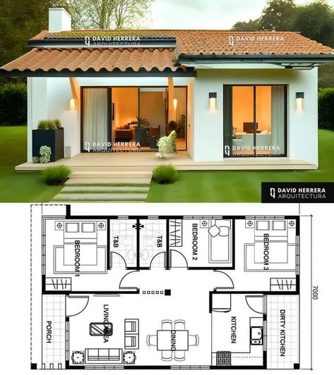 Small House Blueprints 3 Bedroom, 7x12 House Plan, Small House Front Design Single Floor, Simple Two Bedroom House Plans, Small House Blueprints, Little House Plans, Small House Layout, Affordable House Plans, Modern Small House Design