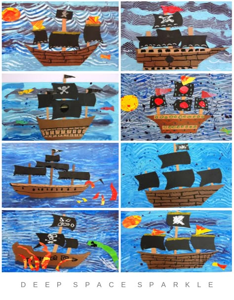 Titanic Art, Pirate Ship Art, Pirate Activities, Pirate Crafts, Deep Space Sparkle, 4th Grade Art, 5th Grade Art, Pirate Art, Art Lessons Elementary