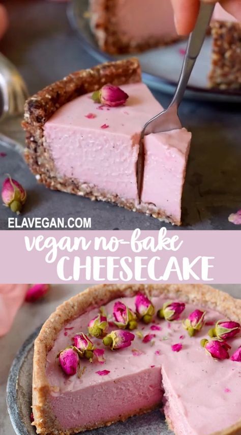 Creamy, light, and airy eggless cheesecake which requires no baking. It literally melts in your mouth and tastes heavenly! This gluten-free cheesecake recipe is 100% vegan, refined sugar-free, and easy to make! #egglesscheesecake #vegancheesecake #glutenfreecheesecake #nobake #elasrecipes | elavegan.com Eggless Cheesecake, Cheesecake Vegan, Biscuits Diététiques, Vegan Cheesecake Recipe, Vegan Baking Recipes, Raw Vegan Desserts, Raw Cake, Vegan Cake Recipes, Desserts Vegan