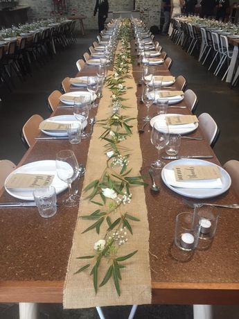 Simple Table Runner Decor, Hessian Runner Wedding, Twine Table Runner, Wedding Table Settings Rustic Outdoor Receptions Burlap Runners, Burlap Centerpieces Table Decorations, Hessian Table Runner Wedding, Burlap Runners On Tables, Banquet Foods, Burlap Table Runner Wedding