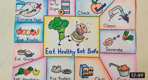 Eat Healthy Stay Healthy Poster Drawing, World Food Day Poster Drawing, Healthy Eating Poster Drawing, Health For All Poster Making, Poster On Healthy Food, Healthy Food Pictures For Kids, Healthy Food Projects For Kids, Poster Making About Nutrition Month, Healthy Food Drawing For Kids