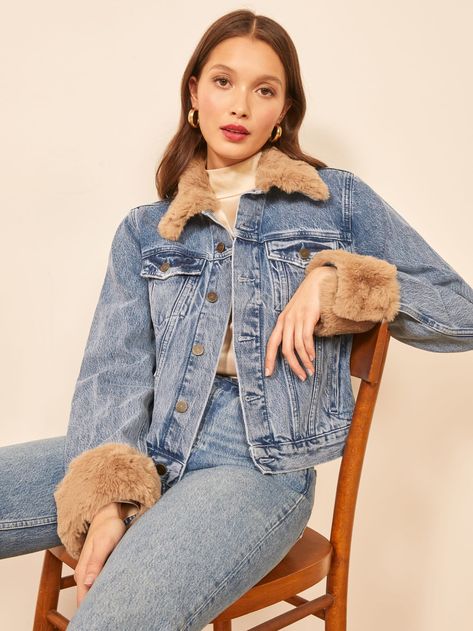 Aussie Jacket Fur Denim Jacket, Denim Jacket With Fur, The Reformation, Stylish Celebrities, Penny Lane, Ivory Tops, Faux Fur Collar, Laid Back Style, Women Trends