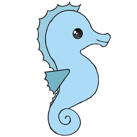 Seahorse Drawing Simple, Cute Seahorse Drawing, Seahorse Doodle, Draw A Seahorse, Draw Fabric, Seahorse Drawing, Useful Skills, Long Snake, Water Creatures