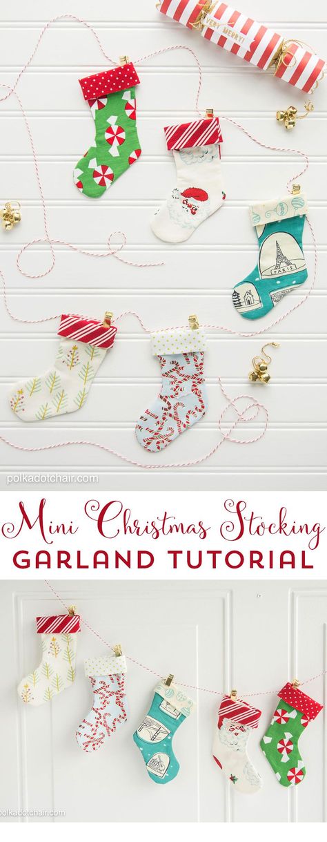 Mini Christmas Stocking Garland Sewing tutorial by Melissa of polkadotchair.com Stocking Garland, Christmas Stockings Sewing, Gift Card Holder Diy, Mini Christmas Stockings, Christmas Sewing Projects, Christmas Stockings Diy, Diy Gift Card, Beginner Sewing, Beginner Sewing Projects Easy