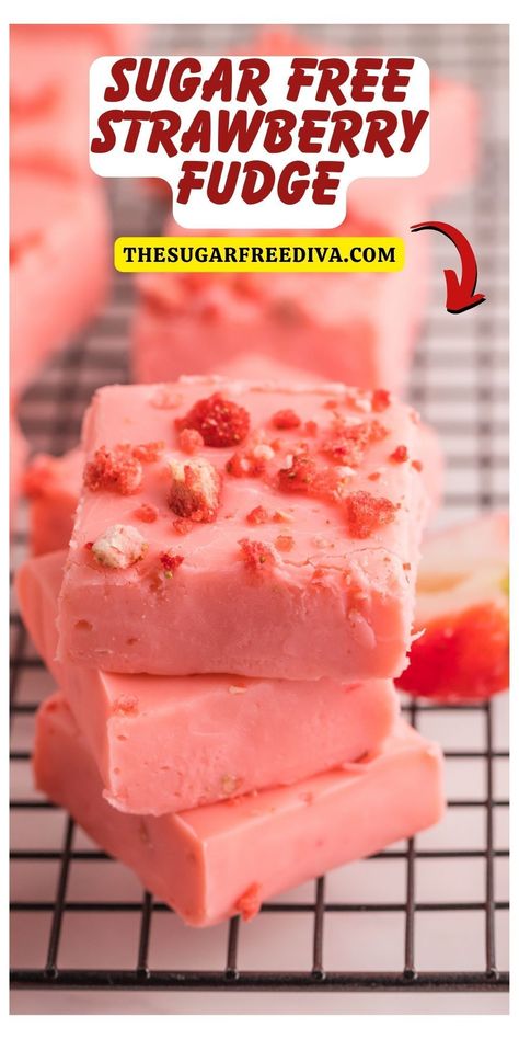 *Sugar Free Strawberry  Fudge Recipe, a simple and delicious dessert or snack recipe made with  dried strawberries and no added sugar. Read more at: https://thesugarfreediva.com/sugar-free-strawberry-fudge-recipe/ #sugarfree #sugarfreefudge #sugarfreerecipes #fudge #strawberries Sugar Free Powdered Sugar Recipe, Sugar Free Pudding Desserts, No Sugar Added Desserts, Sugar Free Recipes Dinner, Sugar Free Fudge Pops, Sugar Free Candy Recipes, No Sugar Recipes, Healthy Candy Recipes, Strawberry Fudge Recipe