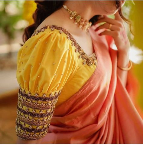 Hand Puff Designs, Puffed Sleeves Blouse Saree, Puff Sleeve Blouse Indian, Puffed Sleeves Blouse, Silk Saree Blouse Designs Patterns, Engagement Saree, Puff Blouse, Bridal Blouses, Blouse Ideas