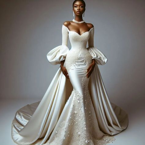 Mermaid satin wedding dress with embellishment. #weddingdress #nigerianbride Princess Satin Wedding Dresses, Mermaid Satin Wedding Dress, Sophisticated Wedding Gown, Custom Bridal Dress, Goddess Wedding, Extravagant Wedding Dresses, Wedding Dresses Mermaid Sweetheart, Brides Dress, Wedding Wonderland