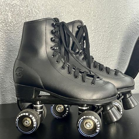 Black Roller Skates 
Size: 5 
Brand: Seven - Depop Roller Skates Front View, Grunge Roller Skates, Goth Roller Skates, Roller Skates Moxi, Black Roller Skates, Roller Skates Black, Roller Skate, Roller Skates, Skating