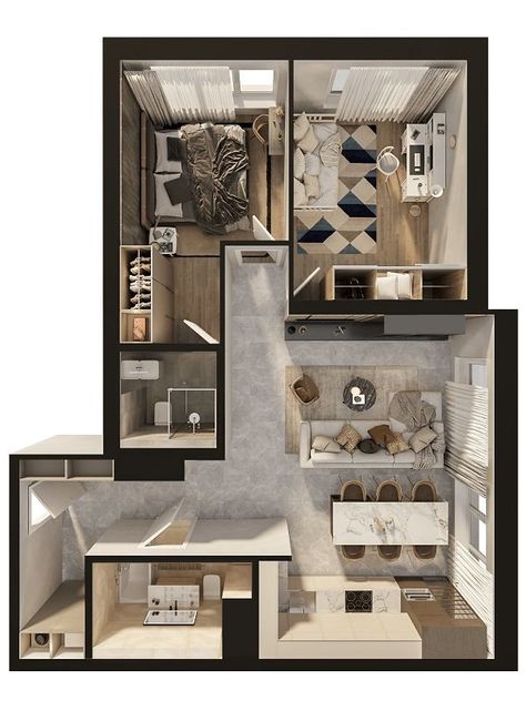 Apartment Design Floor Plan, Bloxburg Apartment Layout, 3d Floor Plan, 3d House Plans, House Floor Design, Small Apartment Design, Sims 4 House Design, Apartment Floor Plans, Sims House Plans