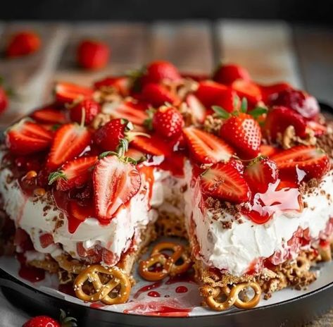 Strawberry Pretzel Salad – Naomi's Recipes Strawberry Pretzel Pie Pioneer Woman, Strawberry Pretzel Cake, Strawberry Pretzel Dessert Recipe, Pretzel Strawberry Dessert, Strawberry Pretzel Trifle, Pretzel Salad Strawberry, Fruit Desserts For Parties, Strawberry Pretzel Cheesecake, Jello Pudding Desserts