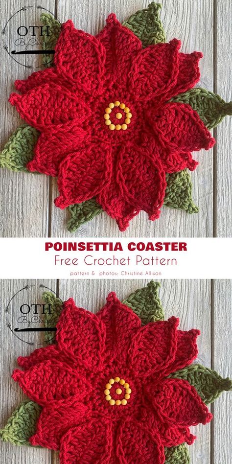 Crochet Poinsettia Pattern Free, Free Crocheted Coaster Patterns, Free Crochet Pattern For Christmas Coasters, Poinsettia Flower Crochet Pattern, Crochet Poinsettias Free Patterns, Crochet Poinsettia Coaster Free Pattern, Crochet Poinsettia Pattern, Crochet Pointsetta Coaster, Crochet Poinsettia Doily Free Pattern