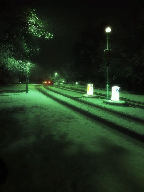 aesthetic. london. winter. fallen angels. green aesthetic. night life. Late Night Green Aesthetic, Green Aesthetic Night, Green Tint Aesthetic, Green Night Aesthetic, Green Winter Aesthetic, Aesthetic Night Life, Green Hour, Blue Hour Photography, London Snow