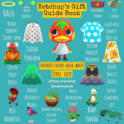 Ketchup Yard Guide Acnh, Animal Crossing Ketchup Yard, Villager Gift Guide Acnh, Animal Crossing Villager Gift Guide, Acnh Ketchup Yard, Anch Forestcore, Acnh Ketchup, Animal Crossing Gift Guide, Ketchup Animal Crossing