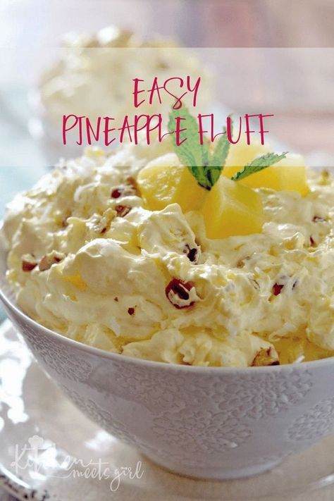 With only a few ingredients, this light and creamy Easy Pineapple Fluff comes together in just a few minutes and is the perfect dessert any time of year! || Kitchen Meets Girl Pudding Vanilla, Pineapple Fluff, Fluff Salad Recipes, Pineapple Dessert, Banana Split Dessert, Pineapple Dessert Recipes, Cheese Cheddar, Coconut Dessert, Pineapple Desserts