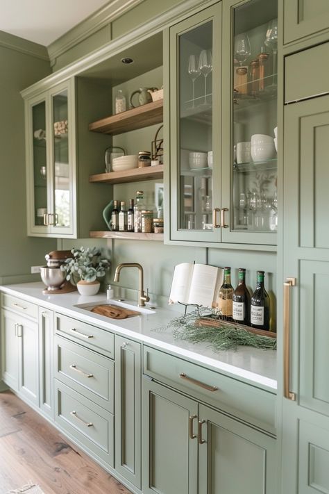 Kitchen Cabinet Solutions, Glass Cabinets Kitchen, Blue Farmhouse Kitchen, Farmhouse Kitchen Cabinet, Kitchen Minimal, Cottage Kitchen Ideas, Cabinet Solutions, Kitchen Silver, Blue Farmhouse