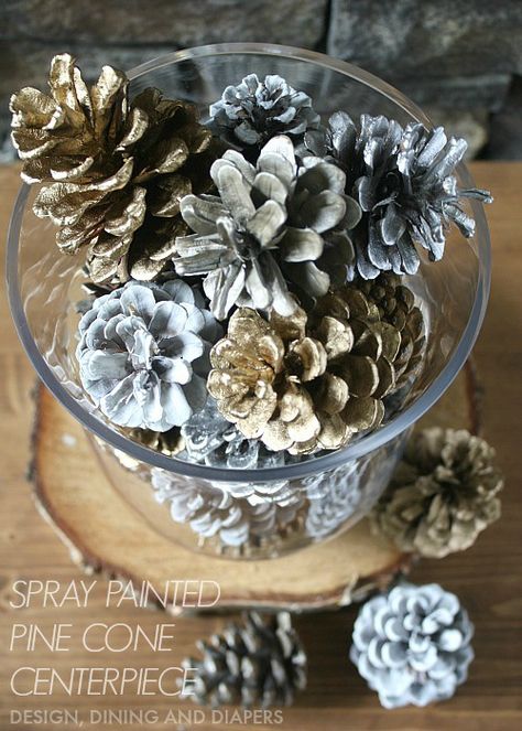 Make this beautiful spray painted pinecone centerpiece with these awesome tips from Taryn at Design, Dining, and Diapers. Lantern Table Centerpieces, Pinecone Centerpiece, Wooden Box Centerpiece, Spray Paint Projects, Painted Pinecones, Kitchen Table Centerpiece, Diy Spray Paint, Neutral Christmas Decor, Lantern Centerpieces