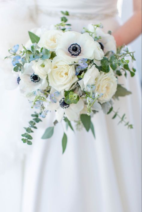 Blue White Bridesmaid Bouquet, French Blue Wedding Bouquet, Bridesmaid Bouquet Blue And White, White And Blue Wedding Florals, White Bouquet With Blue Accents, Blue And White Wedding Bouquets, Blue And White Bouquet Wedding, Blue And White Wedding Florals, Blue And White Bridesmaid Bouquet