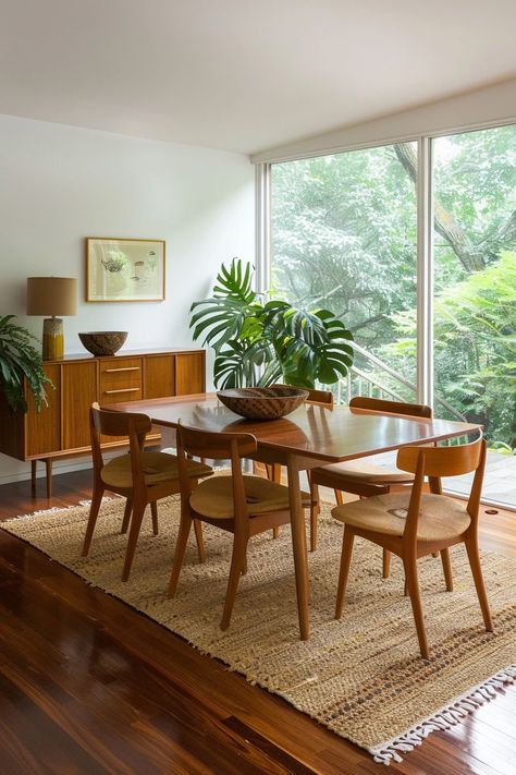 Dining Room Table Mid Century, Mid Century Modern Dinner Room, Dining Room Table Mid Century Modern, Mid Century Florida Home, Mid Century Modern Table Setting, Dining Table On Carpet, Mid Century Modern Eclectic Living Room, 60s Dining Room, Mid Century Condo