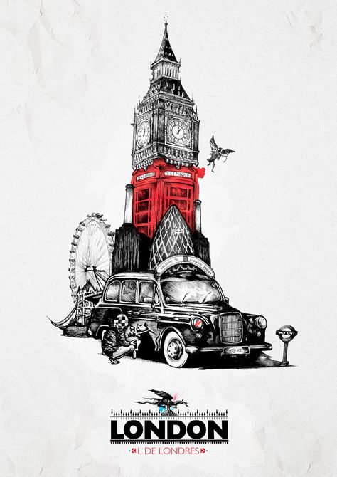 London Artwork, London Drawing, London Illustration, London Theme, London Wallpaper, London Poster, London Tattoo, Collage Design, London Art