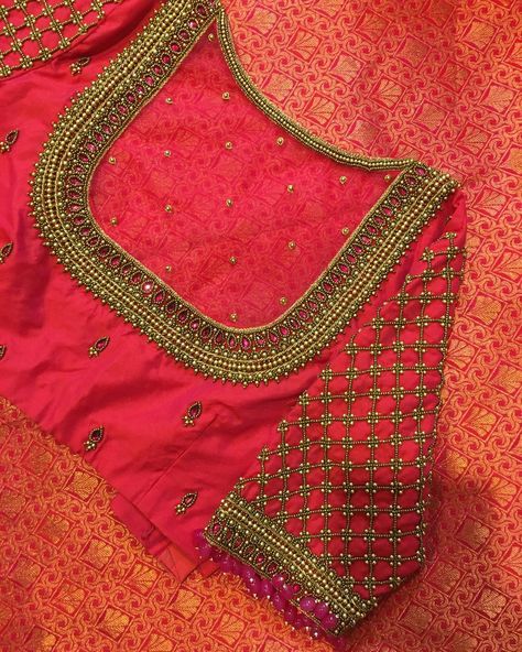 Arri Work Net Blouse, Net Design Aari Work Blouse, Heavy Bead Work Aari Blouse, Back Neck Net Aari Work, Copper Zari Aari Work Blouse Design, Aari Work Grand Design, Red Aari Work Blouse Designs, Back Neck Aari Designs For Blouses, Aari Work Net Blouse Designs