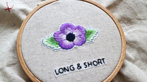 Long and Short Stitch Anemone Flower Hand Embroidery Long And Short Embroidery Designs, Embroidery Designs Videos, Long Short Stitch, Short Embroidery, Flower Hand Embroidery, Long And Short Stitch, Embroidery Stitching, Embroidery Book, Anemone Flower